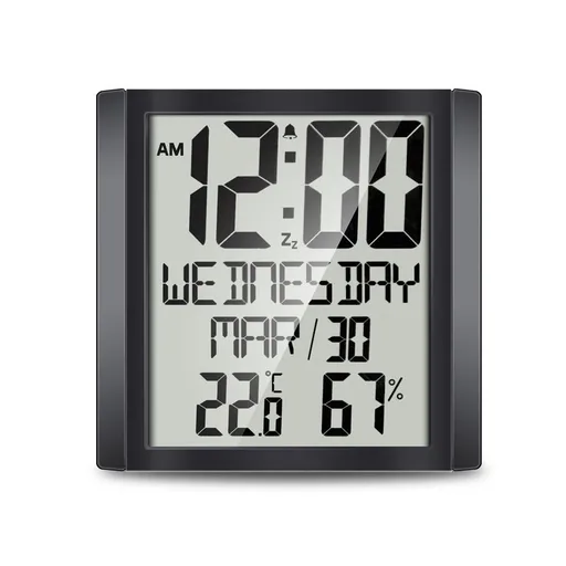 Digital Wall Clock Large Display Temperature Humidity Date Week Battery Operated Alarm Clock