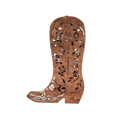 Hollow Out Wooden Cowboy Boot Flower Vase Multi Use 9in Rustic Distressed Wood