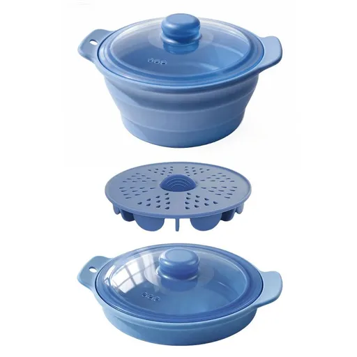 Foldable Food-Grade Silicone Steamer Pot with Lid and Steamer Rack – Space-Saving Collapsible Cookware for Microwave, Air Fryer, Camping, and Outdoor Meals, Available in Round and Rectangular Sizes (Round Style, Dark Blue)