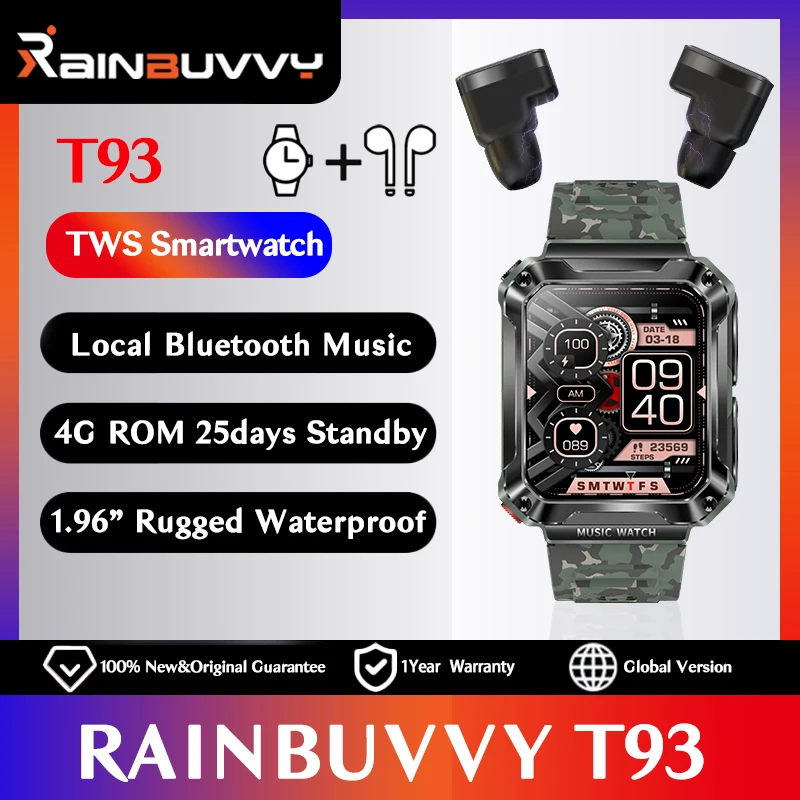 Rainbuvvy T93 TWS Smartwatch Earbuds 2-in-1 Extra Large Memory Appearance Stylish and Cool 1.96 "HD Screen Super Long Endurance